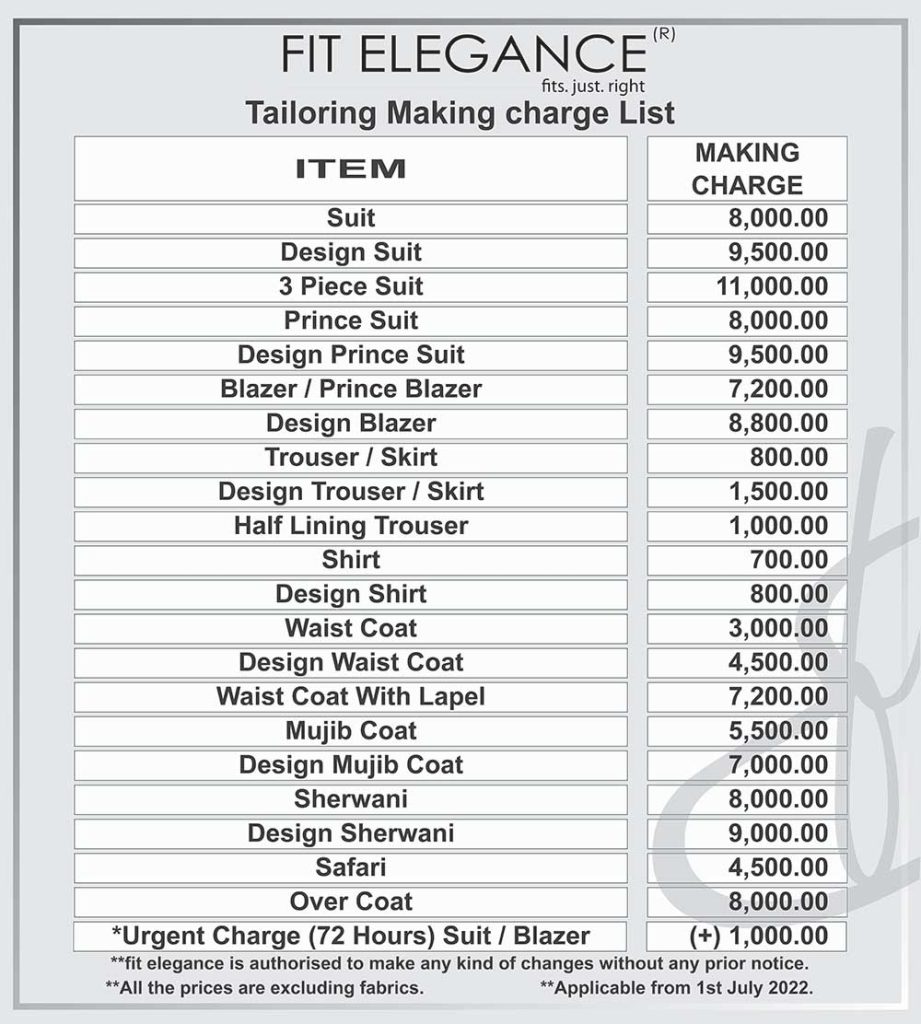 Tailoring Making Charge list