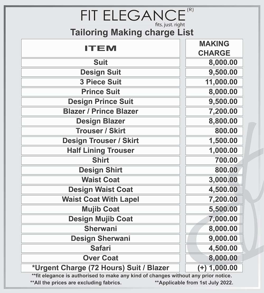 Tailoring Making Charge List FIT ELEGANCE